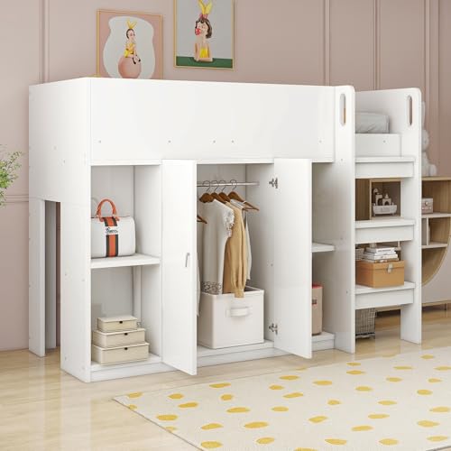 BXEYXE Multifunktionales Hochbett 90 * 200 mit Stauraum, Schrank und Regalen – Kinderbett mit Leiter und Stabiler Konstruktion Weiß BXEYXE Multifunktionales Hochbett 90 * 200 mit Stauraum, Schrank und Regalen – Kinderbett mit Leiter und Stabiler Konstruktion Weiß von BXEYXE