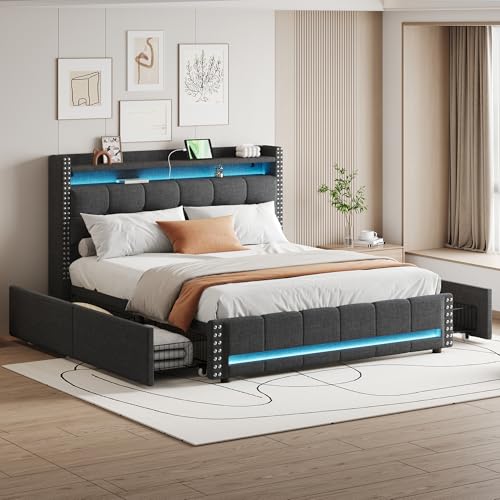 BXEYXE Polsterbett 160 * 200 cm mit LED-Beleuchtung und USB-Steckdose, Kopfteil mit Ablagen und Stauraum mit 4 Schubladen, Doppelbett für Erwachsene, Leinenstoff Grau von BXEYXE