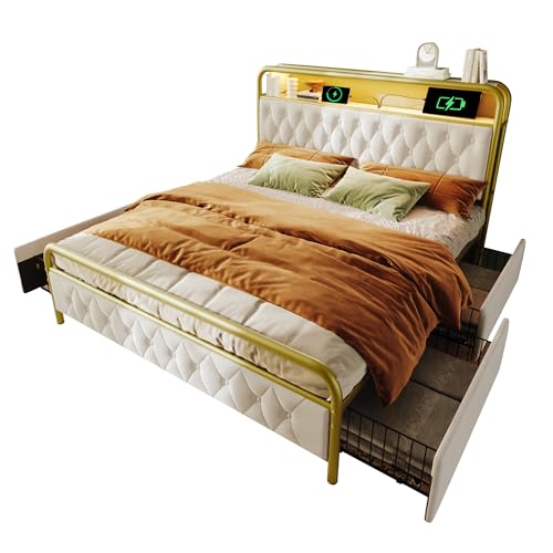 BXEYXE Polsterbett Doppelbett mit Aufladen Type C Ladefunktion APP-Control Bettgestell Metallbett 140×200 Bettrahmen und 4 Schubladen, Samt (Ohne Matratze) von BXEYXE
