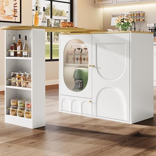 BXEYXE Um 360° drehbarer Bartisch, Stehtisch (Korpus 138 x 39 x 102 cm), Kaffeebarmöbel, drehbare Esstheke mit Stauraum, Kücheninsel, DREI Türen mit Türregalen,herausnehmbare Trennwände, weiß/schwarz von BXEYXE
