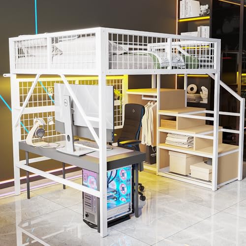 Eisenbett, Etagenbett, Hochbett 140*200, Geeignet für Kinder und Jugendliche Vielseitiges,Metall-Hochbett mit APP-gesteuerten LED-Lichtleisten Treppe mit Stauraum, offenem Kleiderschrank Weiß Eisenbett, Etagenbett, Hochbett 140*200, Geeignet für Kinder und Jugendliche Vielseitiges,Metall-Hochbett mit APP-gesteuerten LED-Lichtleisten Treppe mit Stauraum, offenem Kleiderschrank Weiß von BXEYXE