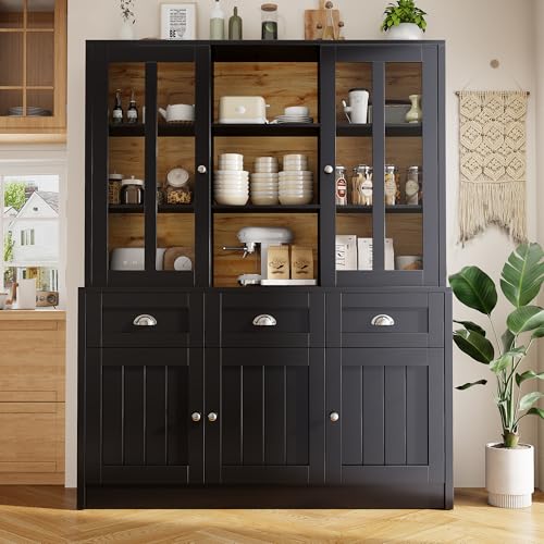 Hochschränke fürs Wohnzimmer(140×38.5×175cm), Vitrinenschrank,Küchenschrank,Esszimmerschrank mit Schubladen, Moderner Minimalistischer Hochschrank, Standvitrine für Küche Wohnzimmer Esszimmer, Schwarz von BXEYXE