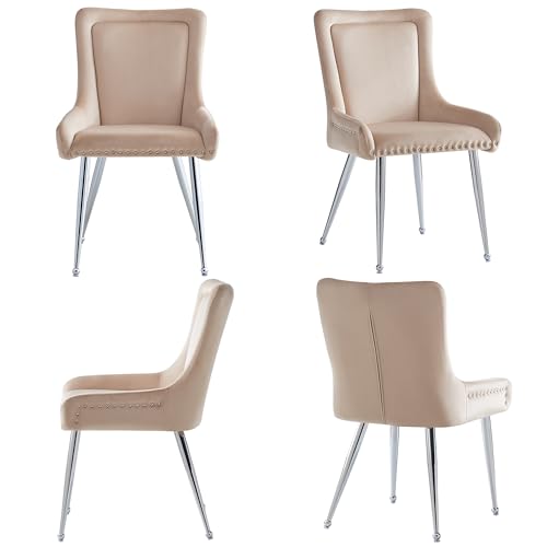 Hochwertiger Esszimmerstuhl aus Samtstoff (4 Stück), Schminkstuhl, verzinkte Silberne Eisenbeine, einzigartiges Design, Leichter Luxusstuhl, verstellbare Beine, Beige von BXEYXE
