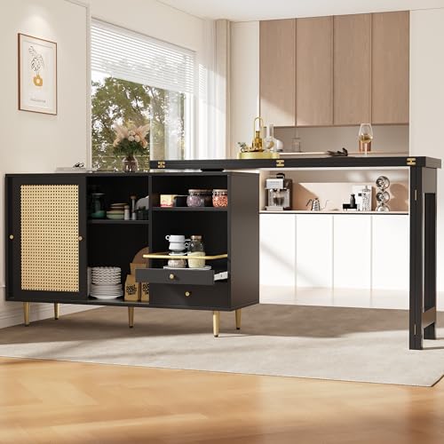 Um 360° drehbarer Stehtisch (Hauptkörper: 107 x 40 x 71,4 cm), schwarzer ausziehbarer Design-Stehtisch, Aufbewahrungsschrank mit Rattantür + offenes Lagerregal, geeignet für Küche und Esszimmer von BXEYXE