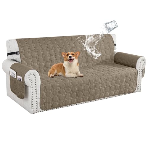 BXFUL 100% Wasserdicht Sofabezug 1 2 3 4 Sitzer, rutschfeste Sofa Überzug, Sofaschoner Waschbar Couchüberzug mit Armlehnen, Universal Sofaüberwurf für Katze Hund (Hellbraun,3 Sitzer) von BXFUL