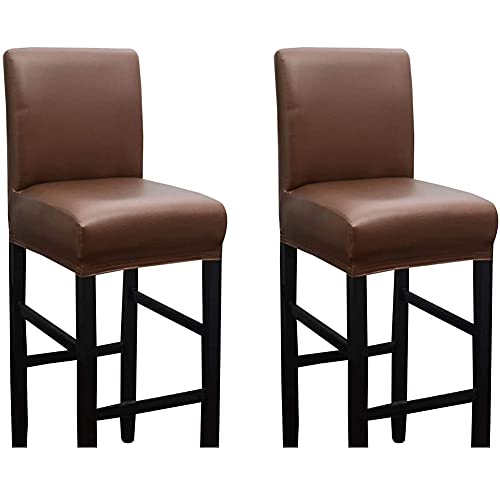 BXFUL Kunstleder Bar Stuhlhussen, Stretch Abnehmbarer waschbarer Stuhl Schonbezug für Short Swivel Dining Chair Rückenlehne Barhocker Stuhl mit Lehne (2 Pcs,Braun) von BXFUL