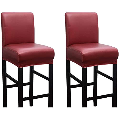 BXFUL Kunstleder Bar Stuhlhussen, Stretch Abnehmbarer waschbarer Stuhl Schonbezug für Short Swivel Dining Chair Rückenlehne Barhocker Stuhl mit Lehne (2 Pcs,Rotwein) von BXFUL