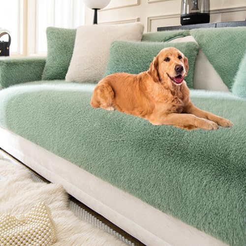 BXFUL Nerzplüsch Sofabezug, rutschfeste Sofa überzug 1 2 3 4 Sitzer Couch überzug für Sektionssofa, Flauschiger Kunstpelz Sofa Sitzkissenbezug L Form Möbelschutz (110 * 180cm/1PC,Grün) von BXFUL