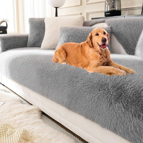 BXFUL Nerzplüsch Sofabezug, rutschfeste Sofa überzug 1 2 3 4 Sitzer Couch überzug für Sektionssofa, Flauschiger Kunstpelz Sofa Sitzkissenbezug L Form Möbelschutz (110 * 210cm/1PC,Grau) von BXFUL