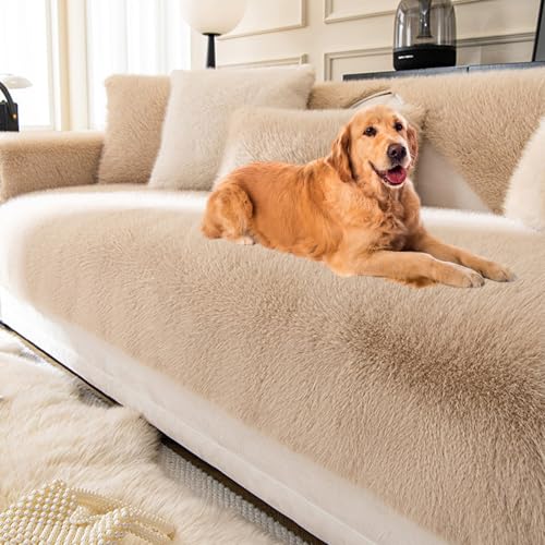BXFUL Nerzplüsch Sofabezug, rutschfeste Sofa überzug 1 2 3 4 Sitzer Couch überzug für Sektionssofa, Flauschiger Kunstpelz Sofa Sitzkissenbezug L Form Möbelschutz (70 * 210cm/1PC,Kamel) von BXFUL