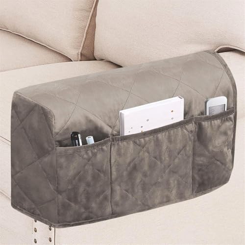 BXFUL Samt Armlehnenbezüge 2er Set mit Seitentaschen rutschfeste Sofaschoner für Hunde, Universell für Sofas, Sessel Liegesessel, Maschinenwaschbar (Taupe) von BXFUL