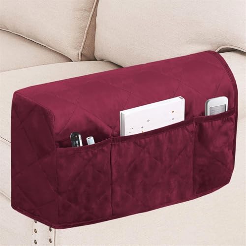 BXFUL Samt Armlehnenbezüge 2er Set mit Seitentaschen rutschfeste Sofaschoner für Hunde, Universell für Sofas, Sessel Liegesessel, Maschinenwaschbar (Weinrot) von BXFUL
