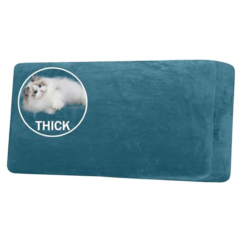 BXFUL Samt Sofa Sitzkissenbezug, Stretch Sofakissen-Schonbezüge, Couchkissenüberzüge, Ersatz für Einzelkissen, mit Gummibänder (3-Sitzer,Pfauenblau) von BXFUL