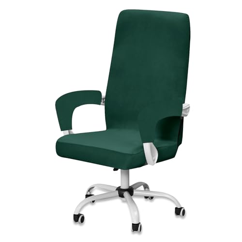 Samt Bürostuhl Bezug mit 2 Armlehne, Stretch Sitzbezug Gaming Stuhl Bezug, Waschbarer Stuhlhussen Sessel Überzug Stuhlbezüge für Bürostuhl Stuhl Drehstuhl (Dunkelgrün,Large) von BXFUL