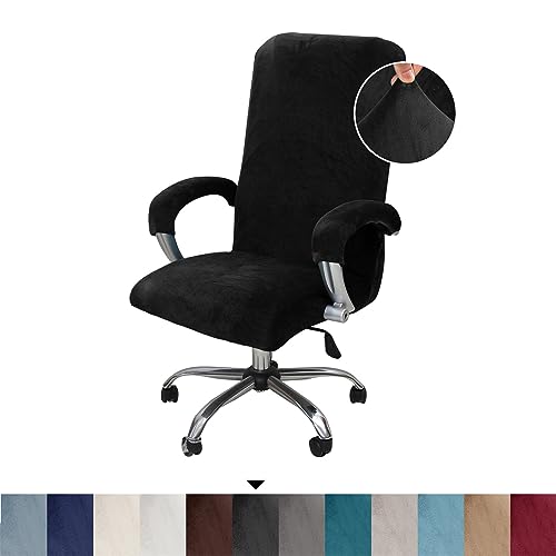 Samtplüsch Bürostuhl Bezug mit Armlehne, Stretch Bezug für Bürostuhl Elastische Stuhlhussen Office Computer Stuhlbezüge Abnehmbare für Bürostuhl Stuhlhussen (Schwarz,Large) von BXFUL
