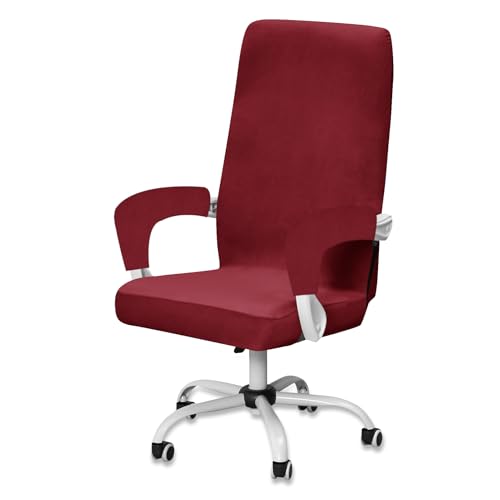 Samt Bürostuhl Bezug mit 2 Armlehne, Stretch Sitzbezug Gaming Stuhl Bezug, Waschbarer Stuhlhussen Sessel Überzug Stuhlbezüge für Bürostuhl Stuhl Drehstuhl (Weinrot,Large) von BXFUL