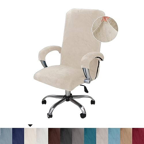 Samtplüsch Bürostuhl Bezug mit Armlehne, Stretch Bezug für Bürostuhl Elastische Stuhlhussen Office Computer Stuhlbezüge Abnehmbare für Bürostuhl Stuhlhussen (Medium,Beige) von BXFUL