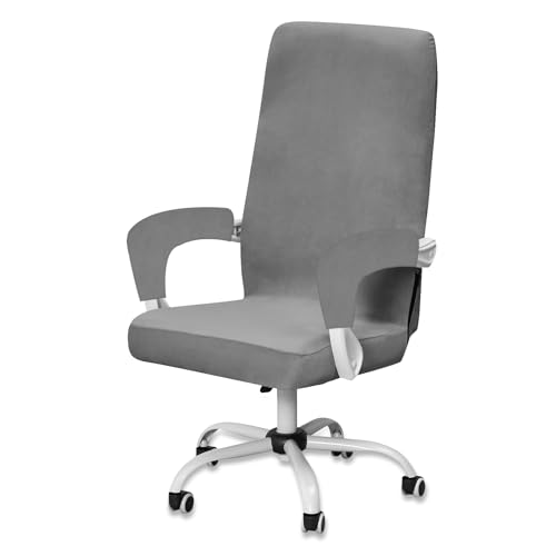 Samt Bürostuhl Bezug mit 2 Armlehne, Stretch Sitzbezug Gaming Stuhl Bezug, Waschbarer Stuhlhussen Sessel Überzug Stuhlbezüge für Bürostuhl Stuhl Drehstuhl (Dunkelgrau,Medium) von BXFUL