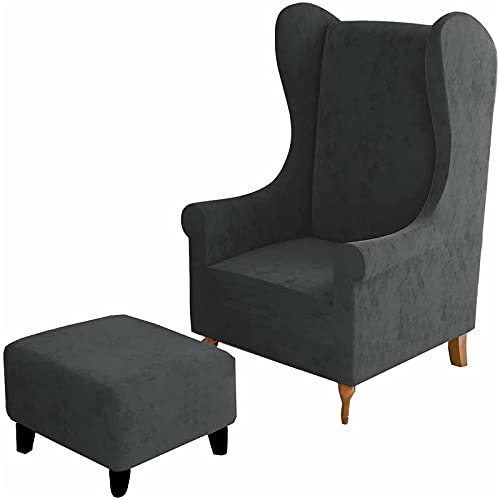 Ohrensesselbezüge und Ottomane Abdeckung Bezug, Ohrensessel Schonbezug Hocker Bezug Rechteck/Square Samt Stretch 2 Stück (Wing Chair & Ottoman M,Grau) von BXFUL