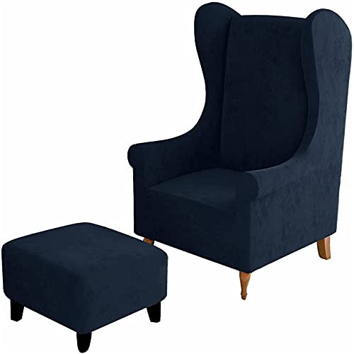 Ohrensesselbezüge und Ottomane Abdeckung Bezug, Ohrensessel Schonbezug Hocker Bezug Rechteck/Square Samt Stretch 2 Stück (Wing Chair & Ottoman S,Marine) von BXFUL