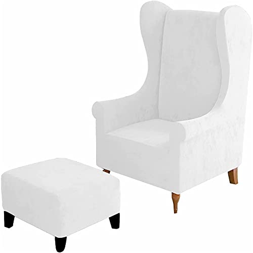 Ohrensesselbezüge und Ottomane Abdeckung Bezug, Ohrensessel Schonbezug Hocker Bezug Rechteck/Square Samt Stretch 2 Stück (Wing Chair & Ottoman S,Weiß) von BXFUL