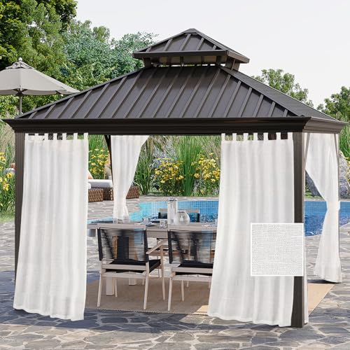 Outdoor Vorhang Wetterfest mit Ösen 2er Set, Leinenoptik Outdoorvorhänge für Pavillon Terrasse Sichtschutz Sonnnenschutz Balkon Vorhang Gardinen Wasserdicht (Weiß,52x84in(2 Panels)) von BXFUL