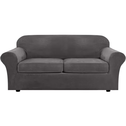 Samt Sofabezug mit Separaten Sitzkissenbezug, Stretch Sofaüberzug für Wohnzimmer, Dicke Weiche Sofaüberwurf, Rutschfester Couch Bezug für Haustiere und Kinder (Grau,Großer 2 Sitzer) von BXFUL