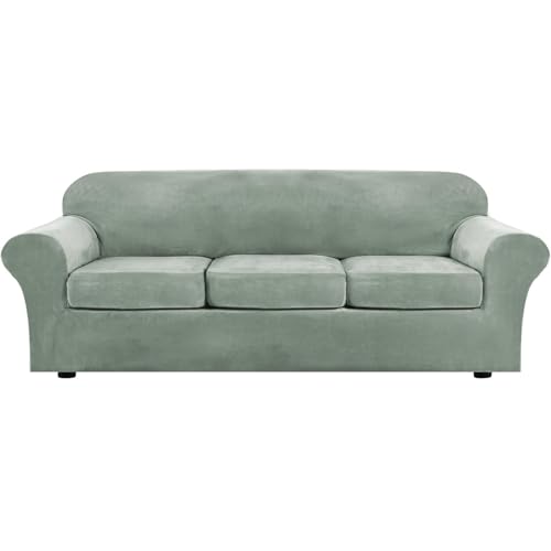 Samt Sofabezug mit Separaten Sitzkissenbezug, Stretch Sofaüberzug für Wohnzimmer, Dicke Weiche Sofaüberwurf, Rutschfester Couch Bezug für Haustiere und Kinder (Großer 3 Sitzer,Grün) von BXFUL