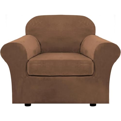Samt Sofabezug mit Separaten Sitzkissenbezug, Stretch Sofaüberzug für Wohnzimmer, Dicke Weiche Sofaüberwurf, Rutschfester Couch Bezug für Haustiere und Kinder (Karamell,1 Sitzer) von BXFUL