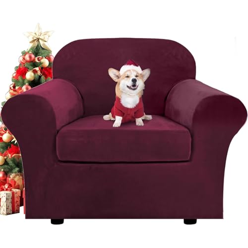 Samt Sofabezug mit Separaten Sitzkissenbezug, Stretch Sofaüberzug für Wohnzimmer, Dicke Weiche Sofaüberwurf, Rutschfester Couch Bezug für Haustiere und Kinder (Weinrot,1 Sitzer) von BXFUL