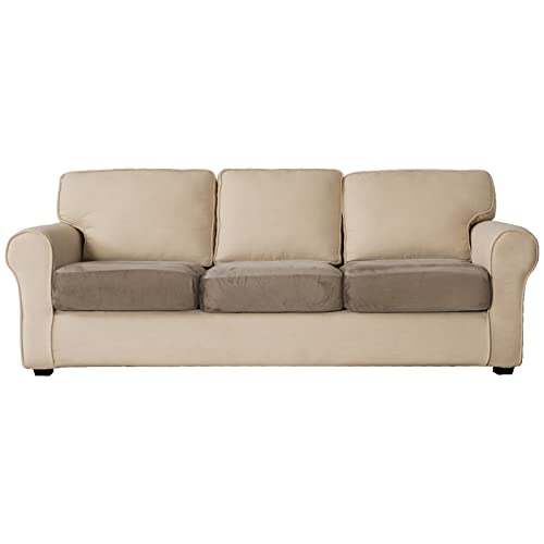 Sofa Sitzkissenbezug, Samt Stretch Bezug für Sofa Sitzkissen, Elastische Couchüberzüge, Sofasitzbezug Schonbezug Schutz Sofabezug (3 Stück 1-Sitzer,Taupe) von BXFUL