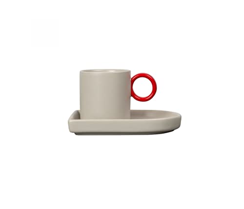 By On Niki Espressotasse mit Untersetzer, Porzellan, Grau/Rot, Tasse für Espresso mit Untersetzer Teller, Skandinavisches Design, Retro Design Tasse aus Porzellan von BY ON