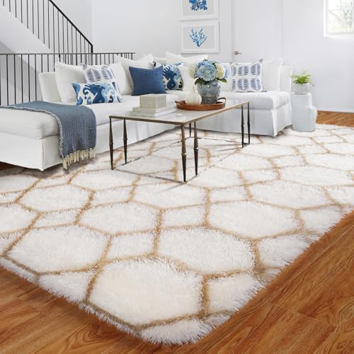 BYBSRLL Hochflor Teppich Weiss und Beige Teppiche Schlafzimmer 180x270 Großer Geometrisch Antirutsch Waschbare Weich Flauschig Wohnzimmer Teppich Kinderzimmer Mädchen Jungen, Langflor Bettvorleger von BYBSRLL