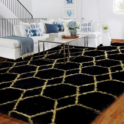 BYBSRLL Hochflor Teppich Schwarz und Gold Teppiche Wohnzimmer 120x180 Antirutsch Waschbare Große Weich Flauschig Schlafzimmer Teppich Kinderzimmer Mädchen Jungen, Langflor Bettvorleger von BYBSRLL