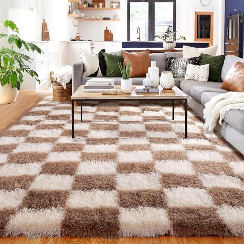BYBSRLL Kariert Schlafzimmer Teppiche, 150x210cm Braun und Weiß Weich Wohnzimmer Teppich Groß Mädchen Jungen Jugend Kinderzimmer, Hochflor Flauschiger Langflor Läufer Bettvorleger von BYBSRLL
