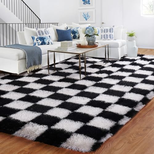 BYBSRLL Kariert Hochflor Teppich Schwarz Weiss Teppiche Wohnzimmer 120x180 Antirutsch Waschbare Große Weich Flauschig Schlafzimmer Teppich Kinderzimmer Mädchen Jungen, Langflor Bettvorleger von BYBSRLL