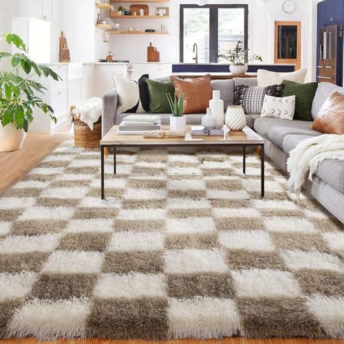 BYBSRLL Kariert Teppiche, 240x300cm Beige und Weiß Flauschig Wohnzimmer Teppich, Hochflor Groß Waschbar Schlafzimmer Deko Mädchen Jungen Jugendzimmer Kinderteppich Bettvorleger BYBSRLL Kariert Teppiche, 240x300cm Beige und Weiß Flauschig Wohnzimmer Teppich, Hochflor Groß Waschbar Schlafzimmer Deko Mädchen Jungen Jugendzimmer Kinderteppich Bettvorleger von BYBSRLL