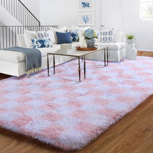 BYBSRLL Schlafzimmer Teppich rosa und Weiß, 180x270cm Groß Waschbare Weich Hochflor Flauschig Kariert Teppich Wohnzimmer Mädchen Jugend Kinderzimmer，rutschfest von BYBSRLL