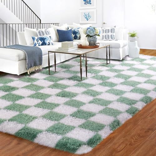 BYBSRLL Kariert Teppiche Wohnzimmer, 240x300cm Salbeigrün und Weiß Schlafzimmer Großer Teppich Deko Jugend Kinderzimmer Weich, Hochflor Flauschig Bettvorleger Waschbar rutschfest von BYBSRLL