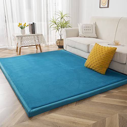 BYBYME® Korallen Samtmatte Kinderteppich - Krabbeldecke für Baby Teppich - Extra Dicke 3cm und Weiche Krabbelmatte in Schönem Farbe - als Yogamatte und Teppich Wohnzimmer (Blaustein, 150×150cm) von BYBYME