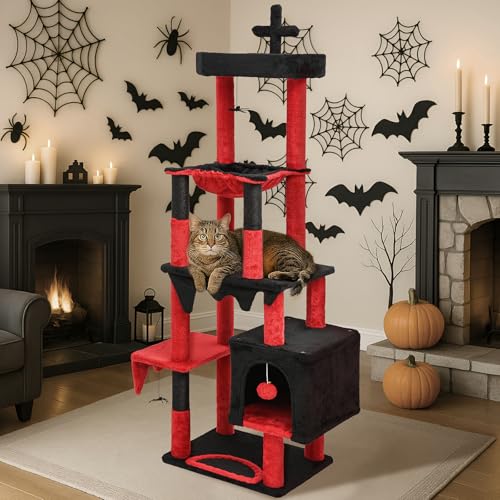 BYBYME Gothic-Kratzbaum für Halloween, 168 cm hohes und stabiles Katzenmöbel-Set mit Katzenbett Katzenhaus, Kratzbrett multifunktionaler Katzenspielturm mit Hängematte (Schwarz Rot) von BYBYME