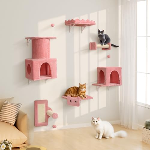 BYBYME Kratzbaum FüR Hauskatzen, 6PCS Hohe Katzen-Wandregale Mit KratzbäUmen, Betten, Brettern Und Spielzeug, Mehrstufiges KlettermöBel FüR KäTzchen, Stabile Basis FüR GroßE Katzen (Rosa) von BYBYME