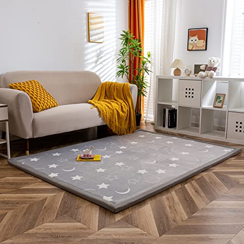 BYBYME Krabbelmatte Baby Korallen Samtmatte Kinderteppich - Extra Dicke 3cm und Weiche Spielmatte - als Teppich Kinderzimmer, Spielteppich Baby, Krabbeldecke (Mond und Stern, 150x200cm) von BYBYME