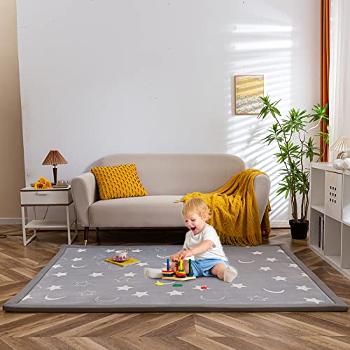 BYBYME Korallen Samtmatte Kinderteppich - Krabbeldecke für Baby Teppich - Extra Dicke 3cm und Weiche Krabbelmatte in Schönem Farbe - als Yogamatte und Teppich Wohnzimmer (Mondstern, 150×150cm) von BYBYME