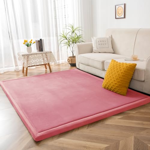 BYBYME Krabbelmatte Baby Korallen Samtmatte Kinderteppich - Extra Dicke 3cm und Weiche Spielmatte - als Teppich Kinderzimmer, Spielteppich Baby, Krabbeldecke (Rosa, 200x200cm) von BYBYME