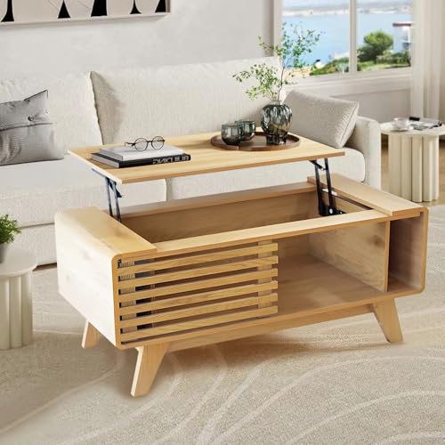 BYCCZMGAD Runder Couchtisch mit Stauraum, moderner Klapptisch, Massivholzbeine, geriffelter Holzakzent-Beistelltisch für Wohnzimmer, rustikale Eiche (rechteckig) von BYCCZMGAD
