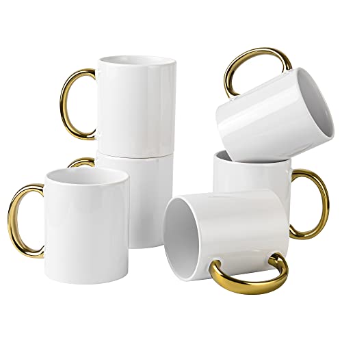 BYCNZB 340 ml Set mit 6 weißen Tassen, Sublimations-Tassen, blanko, DIY, beschichtete Keramikbecher für Kaffee, Tee, Latte, Cappuccino, Kakao oder DIY-Geschenke, Weiß/Gold von BYCNZB