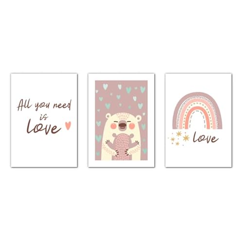 All You Need Is Love Poster Bär Regenbogen Set 3 Poster für Kinderzimmer Boho Bilder für Kinderzimmer Geschenk Wanddeko für Jungen Mädchen ohne Rahmen 3xA4 von BYCOLOR