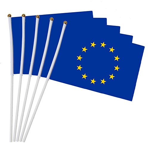 BYFRI 10er-Pack Europäische Union Flagge Handflagge Eu Flagge Polyester Schreibtisch Auto Euro Nationalen Handflaggen (14x21cm, Blau) von BYFRI