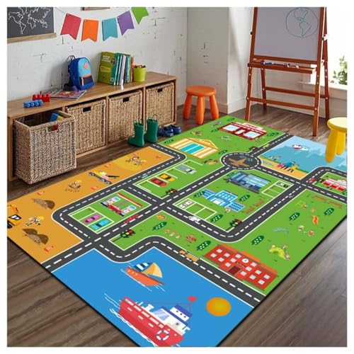 BYINGWD Rutschfester Teppich für Kinderzimmer, Spielmatte für Kindergarten-Klassenzimmer, Jungen-Mädchen-Stadtstraßenteppich für Schlafzimmer und Spielzimmer(Green-Rug,120×180cm) von BYINGWD